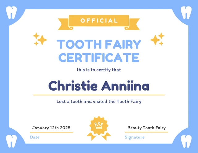 Light Blue And Yellow Modern Illustration Tooth Fairy Certificate Template