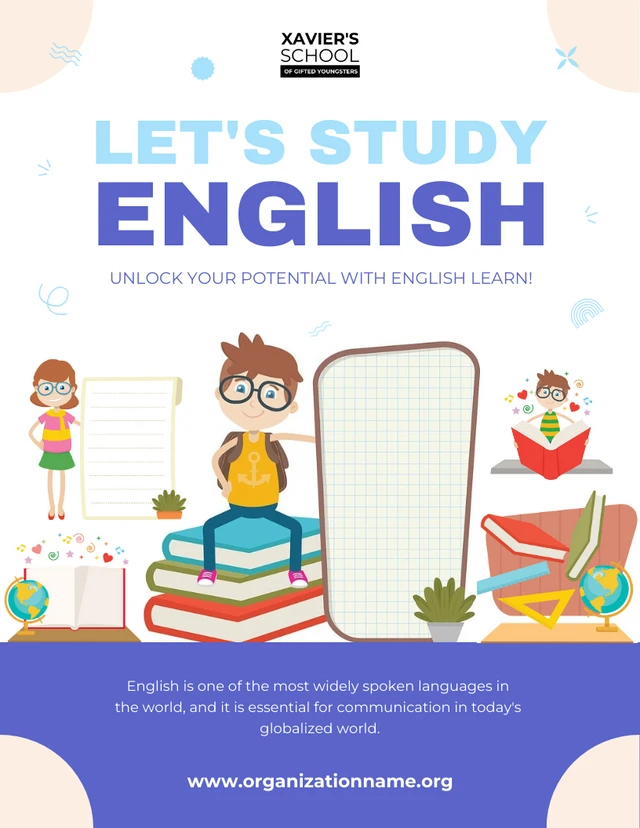 White and Blue English Learn Poster Template
