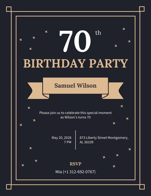 Black Elegant 70Th Birthday Invitation Template