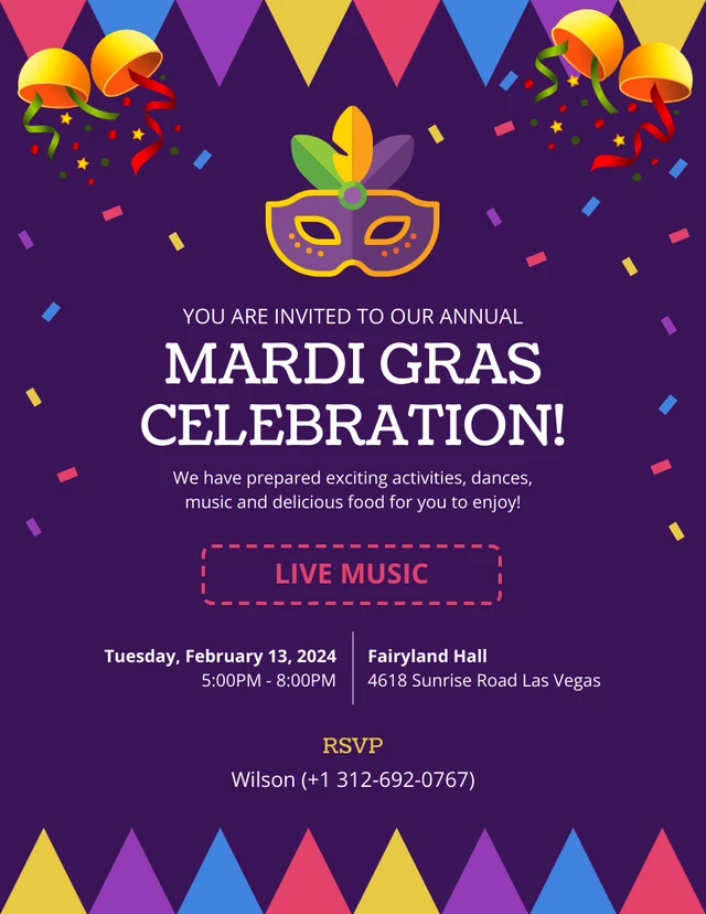 Purple And Colorful Pinatas Mardi Gras Invitation Template