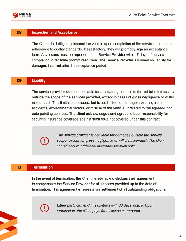 Auto Paint Service Contract Template - Page 4