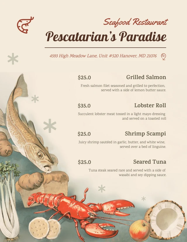 Cream Modern Illustration Seafood Menu Template