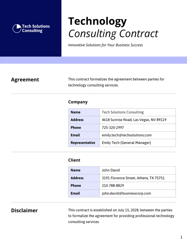 Technology Consulting Contract Template - Page 1