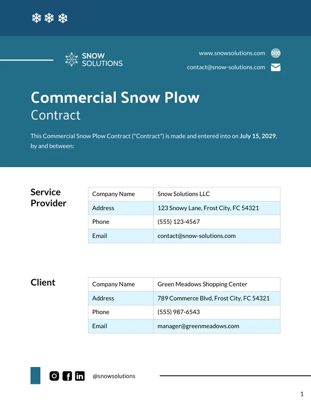 Commercial Snow Plow Contract Template - Page 1