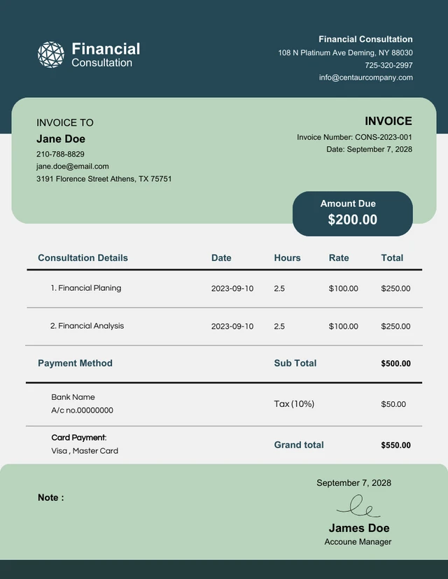 Green White Minimalist Consultation Invoice Template