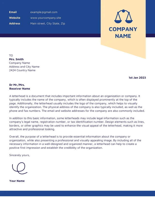 Blue And Yellow Modern Law Firm Letterhead Template
