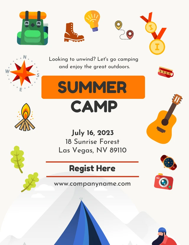 Bright Yellow Summer Camp Cartoon Poster Template
