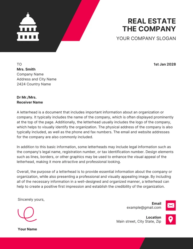 Black And Red Simple Corporate Real Estate Letterhead Template
