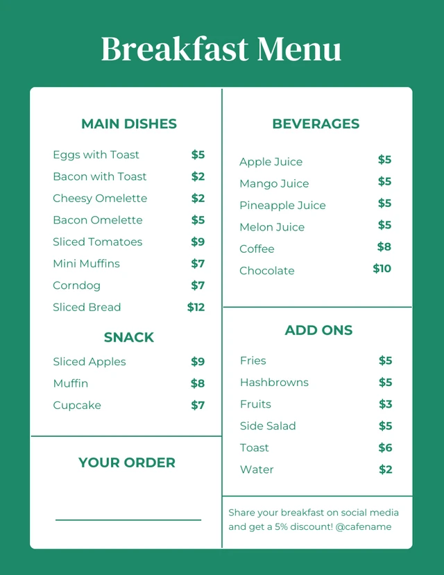 Green And White Minimalist Breakfast Menu Template