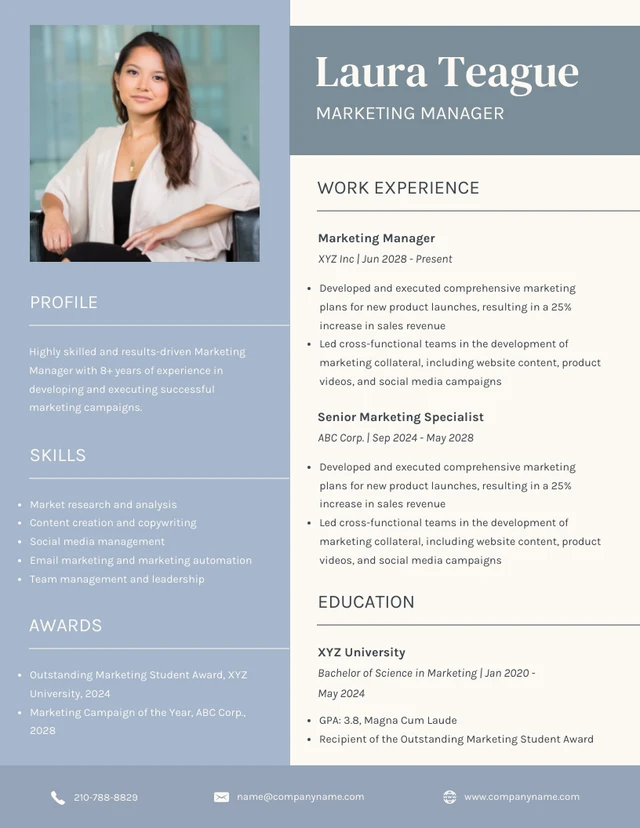 Blue and Cream Marketing Manager Resume