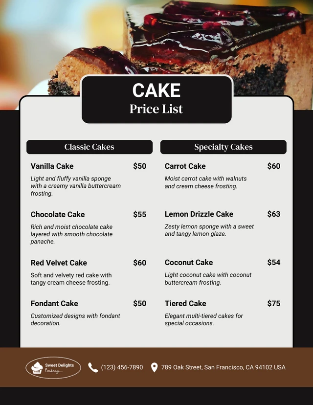 Cake Price List Template