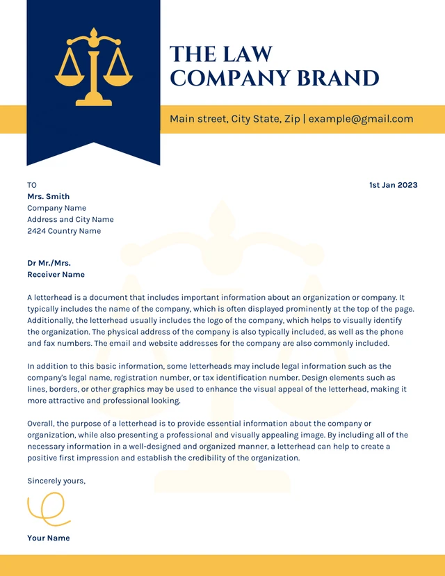 Blue And Yellow Professional Law Firm Letterhead Template
