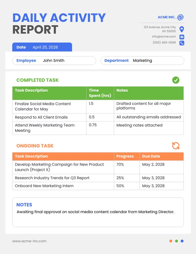 Daily Activity Report Template