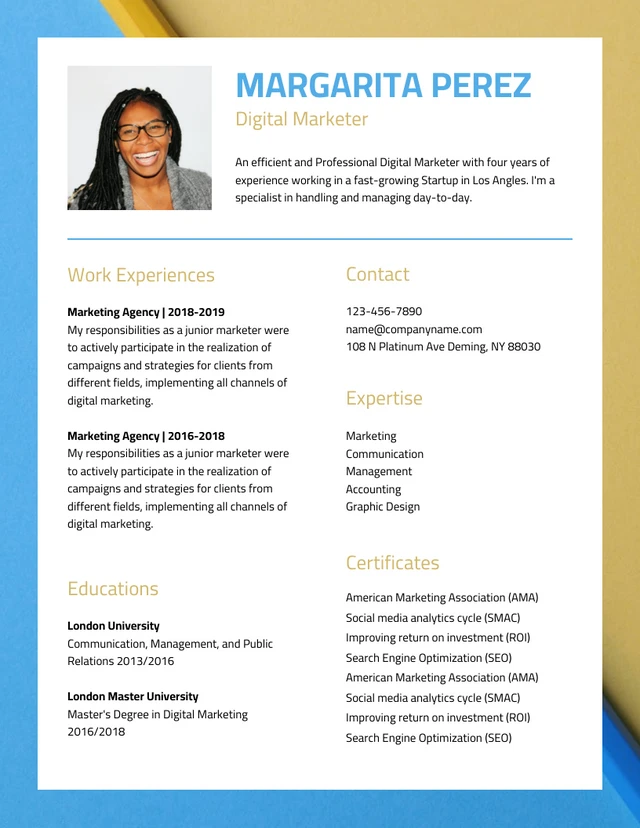 Blue And Yellow Modern Simple Creative Resume Template
