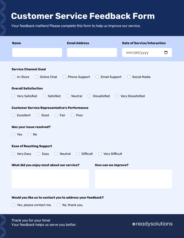 Navy Blue Customer Service Feedback Form Template