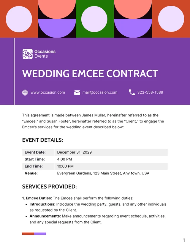 Wedding Emcee Contract Template - Page 1