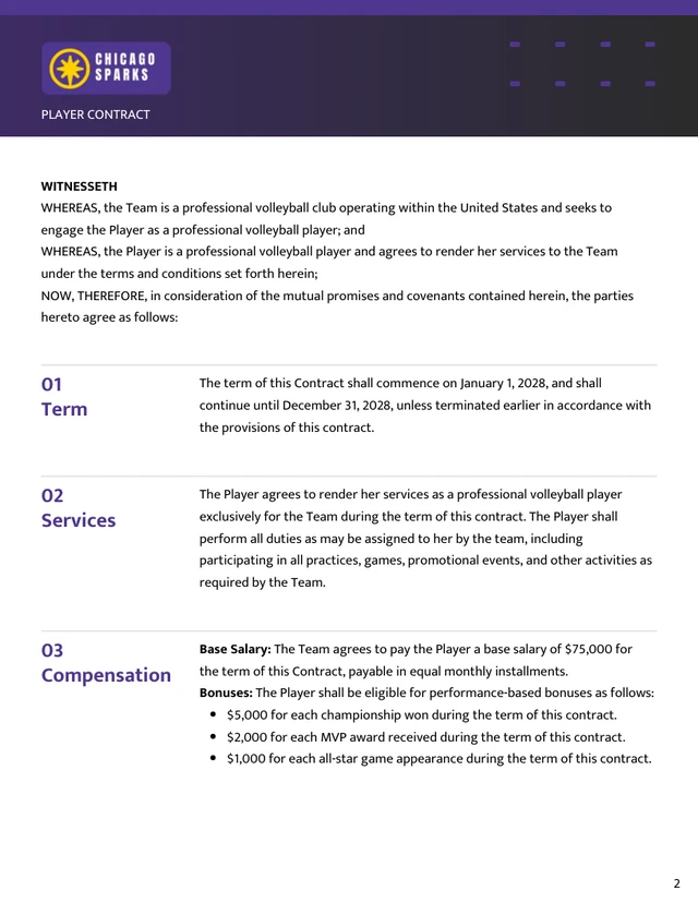 Volleyball Player Contract Template - Page 2