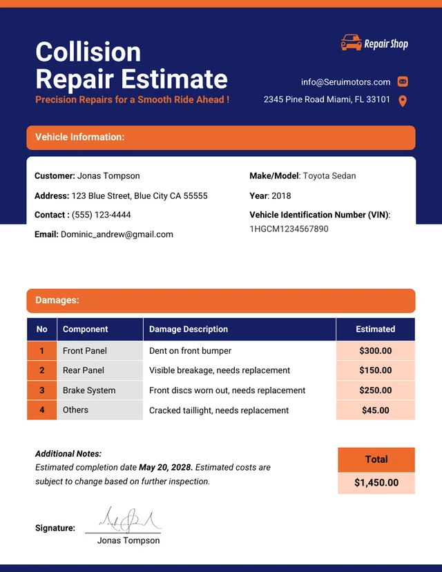 Collision Repair Estimate Template