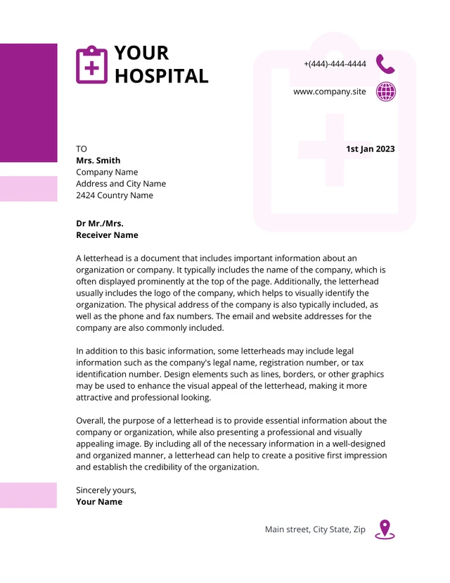 White And Purple Modern Hospital Letterhead Template
