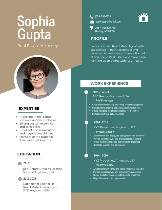 Brown And Green Modern Professional Real Estate Agent Resume