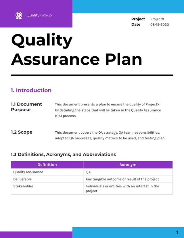 Clean Minimalist Quality Assurance Plan - Page 1