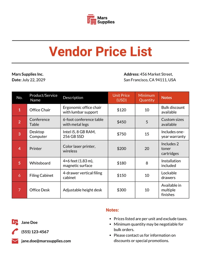 Vendor Price List Template