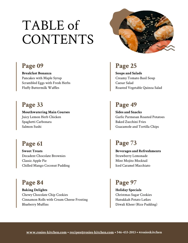 Brown Recipe Table of Contents Template