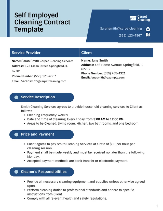 Self Employed Cleaning Contract Template - Page 1