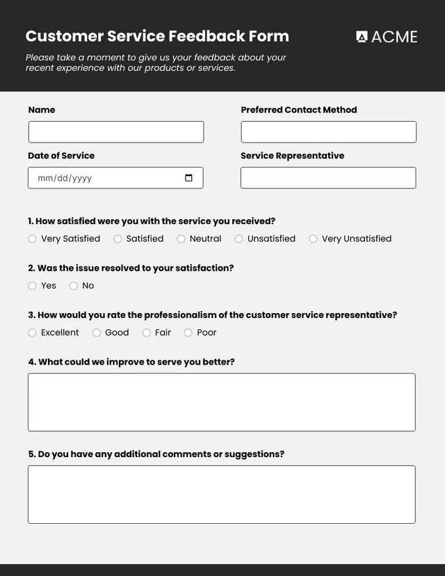 Black Customer Service Feedback Form Template