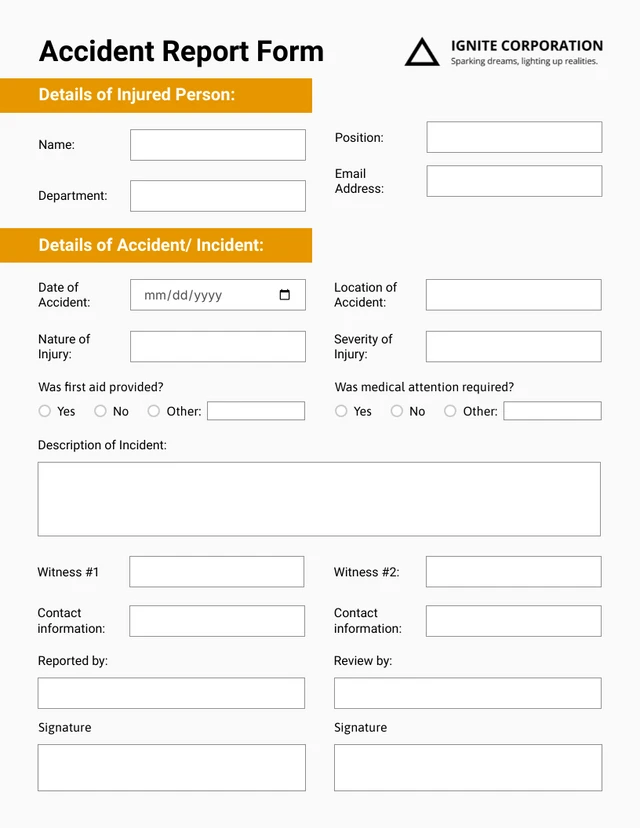 Simple Orange Accident Report HR Form Template