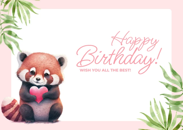 Pink And White Cute Cheerful Illustration Red Panda Birthday Postcard - Page 1