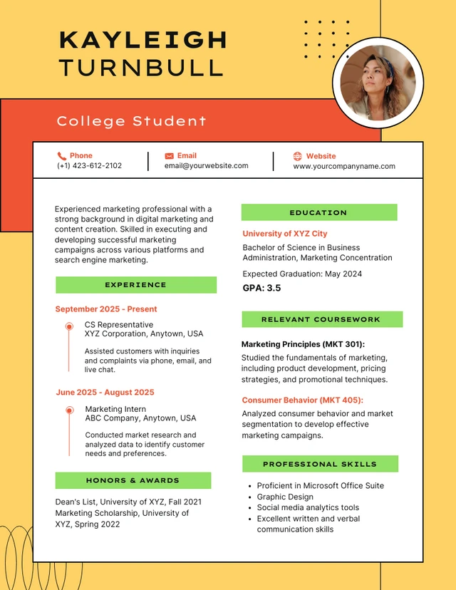 Yellow and Orange College Student Resume Template
