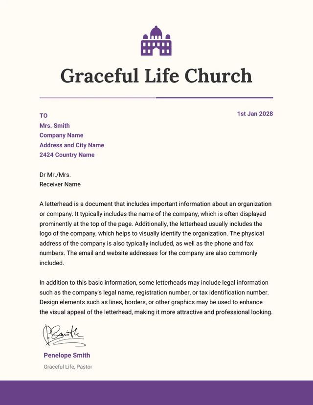 Broken White And Purple Minimalist Church Letterhead Template
