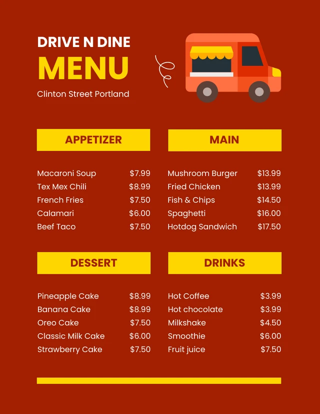 Red Simple Food Truck Menu Template