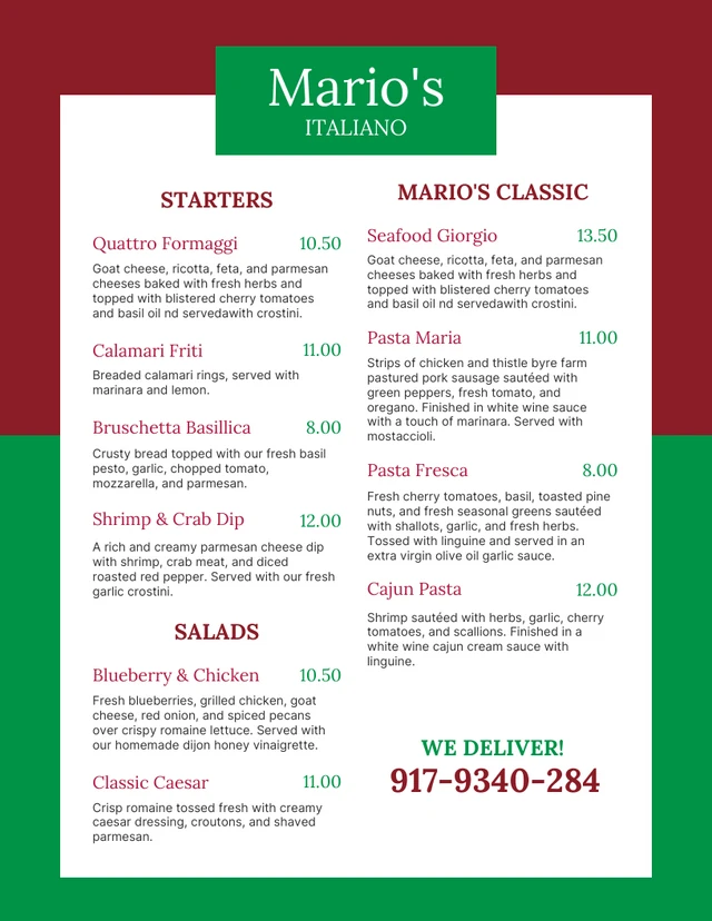 Red And Green Minimalist Italian Menu Template