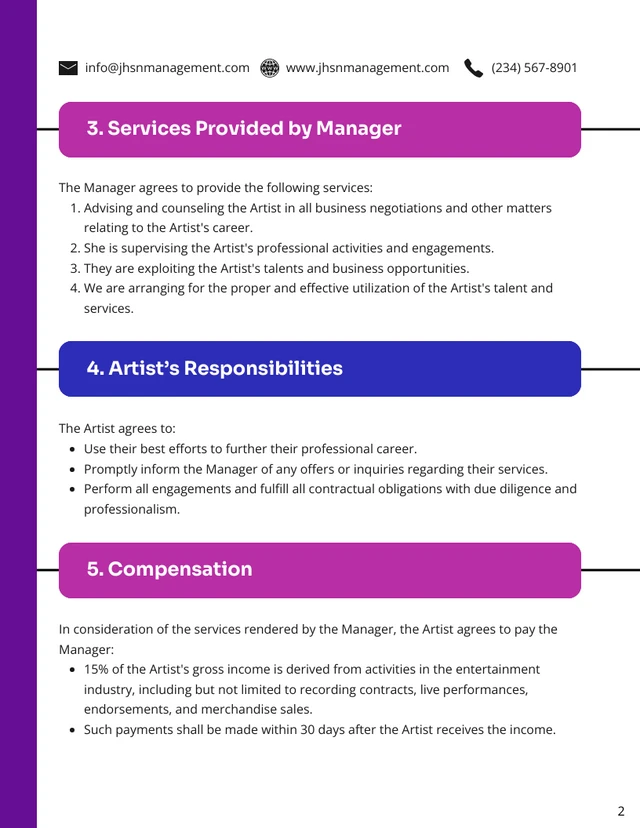 Artist Management Contract Template - Page 2