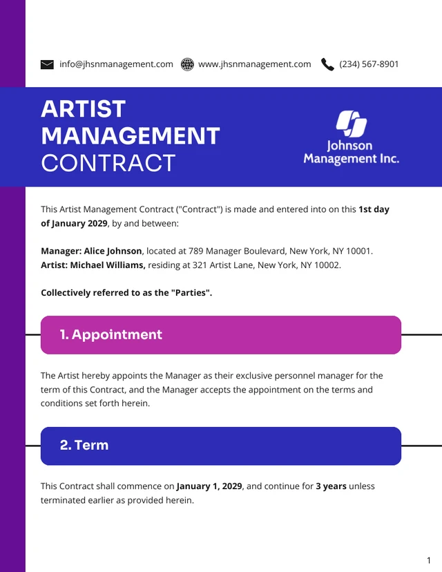 Artist Management Contract Template - Page 1