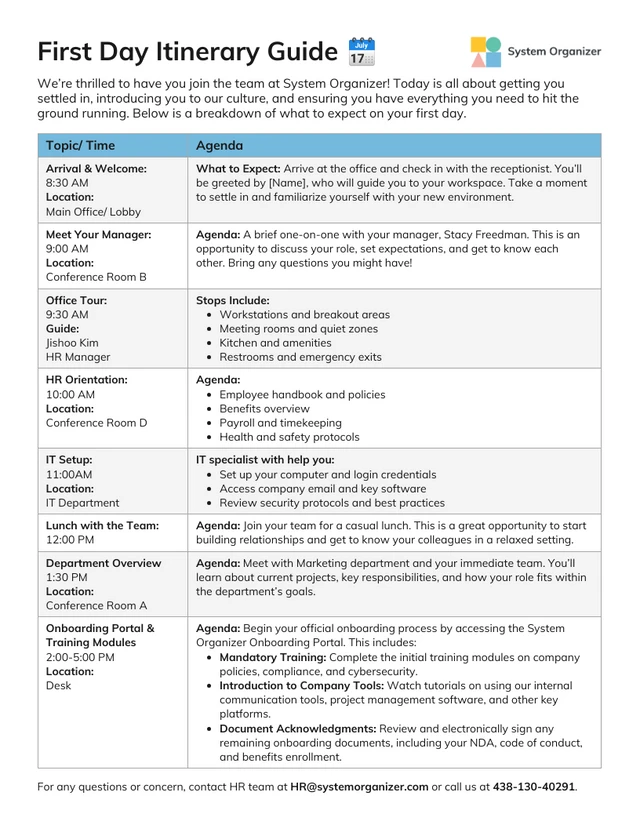 New Hire First Day Human Resource Itinerary Guide Template