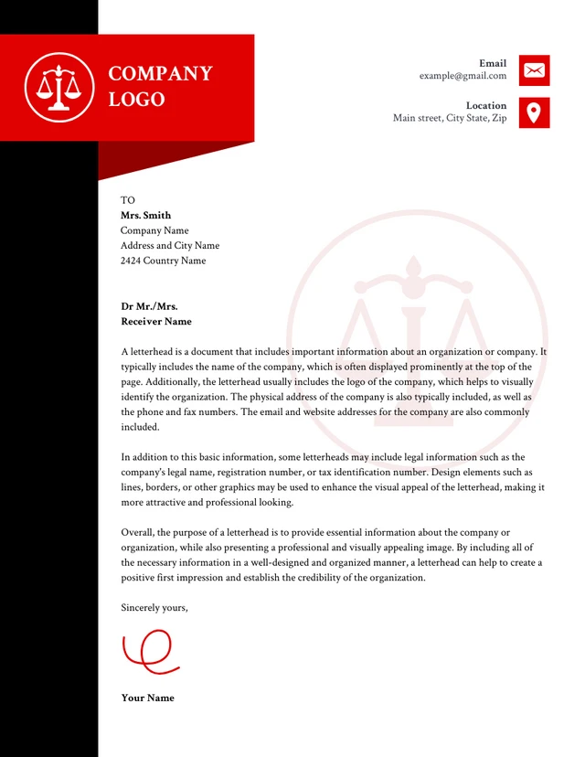 Black And Red Modern Law Firm Letterhead Template
