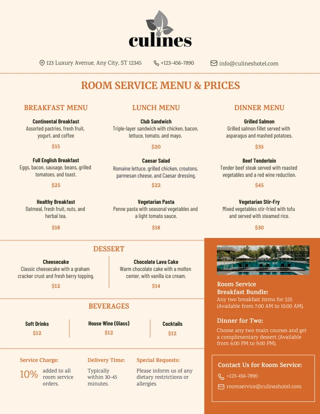 Hotel Room Service Price List Template