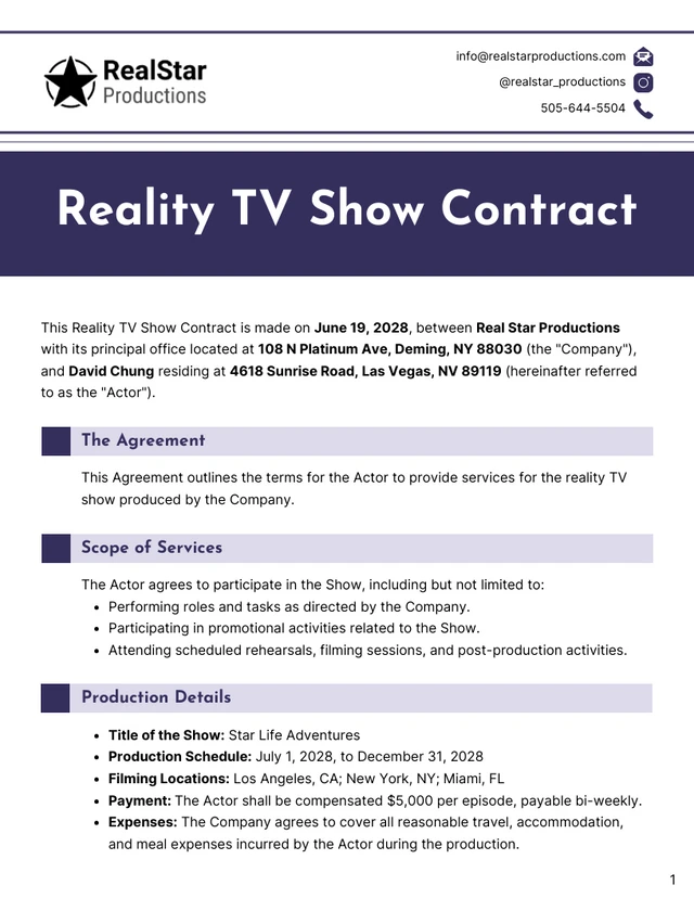 Reality TV Show Contract Template - Page 1