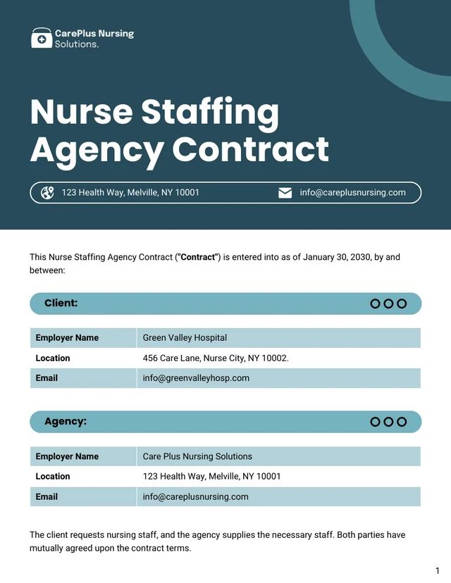 Nurse Staffing Agency Contract Template - Page 1