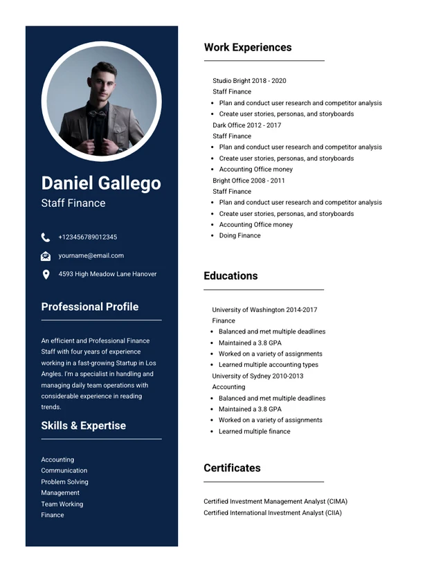 White And Navy Minimalist Professional Finance Resume Template
