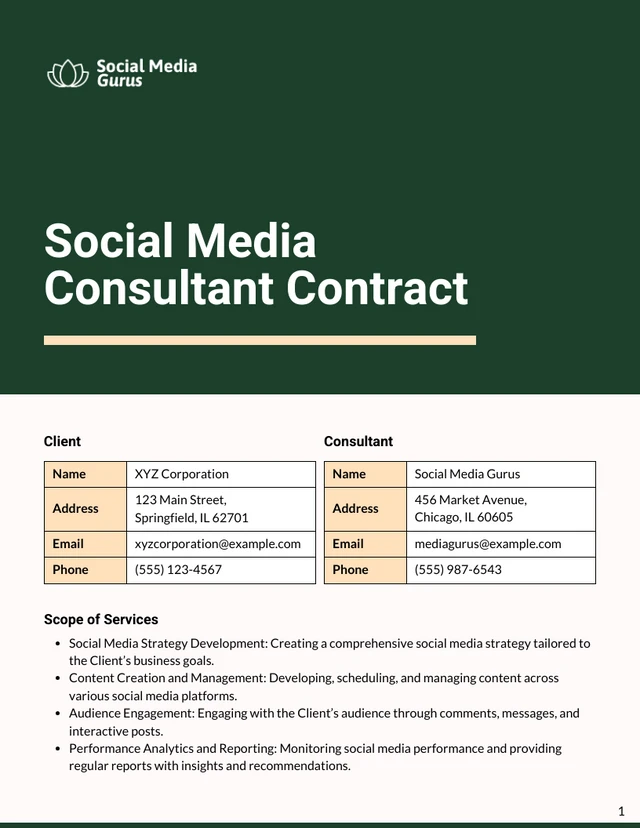 Social Media Consultant Contract Template - Page 1