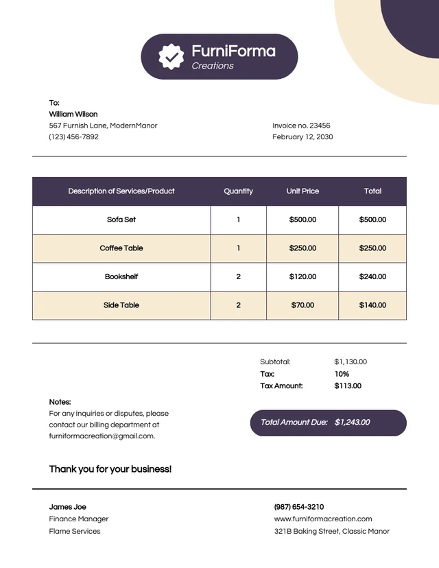 Purple and Cream Business Invoice Template