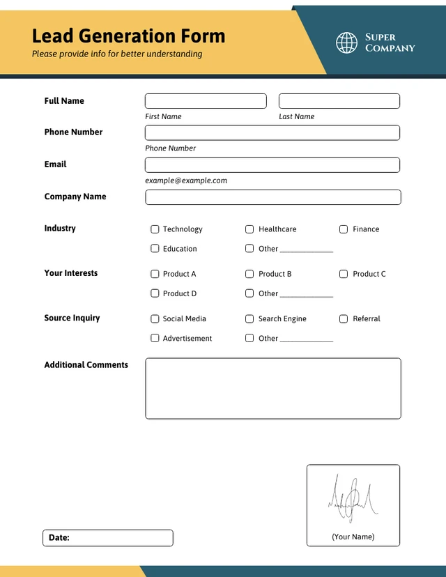 Yellow and Metallic Blue Lead Generation Forms Template