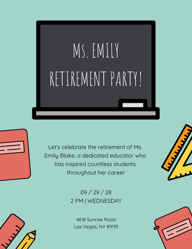 Fun Colourful Blue and White Teacher Retirement Party Invitation Template