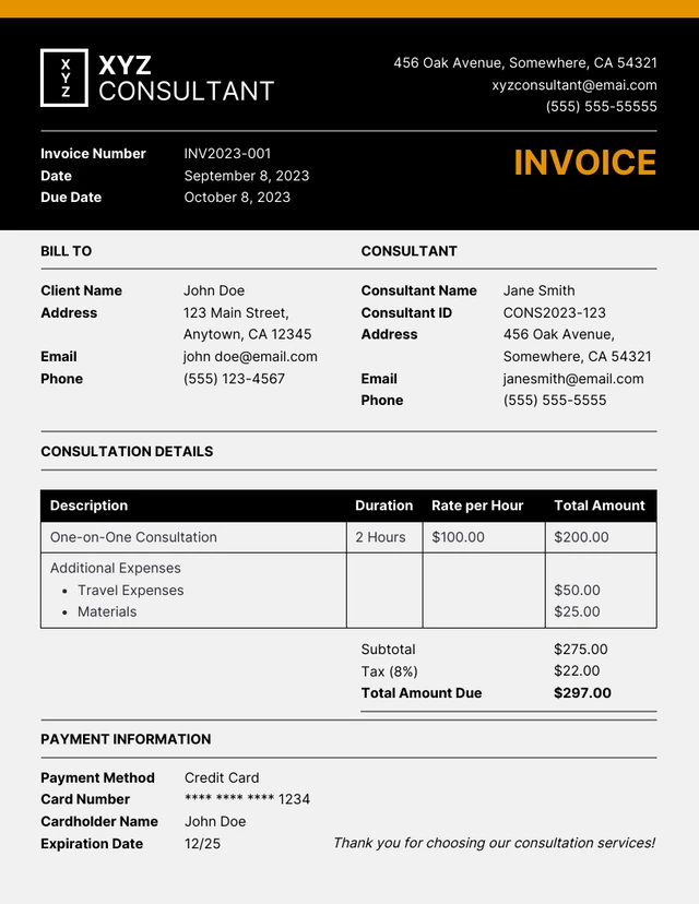 Simple Black and Orange Consultation Invoice Template