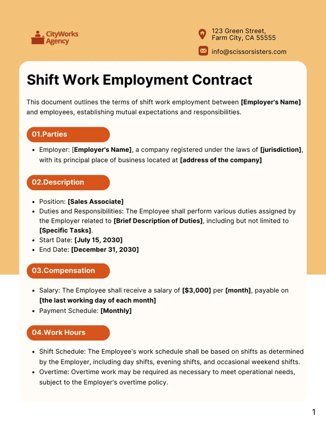 Shift Work Employment Contract Template - Page 1