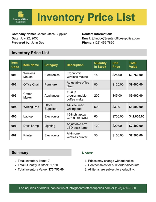 Inventory Price List Template